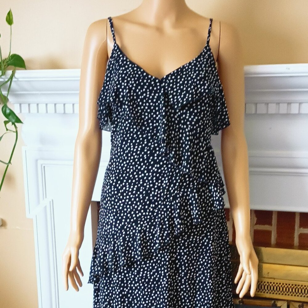 Women's  Asymmetrical Tiered Ruffle Dress L Black & White Polka Dot Fully Lined